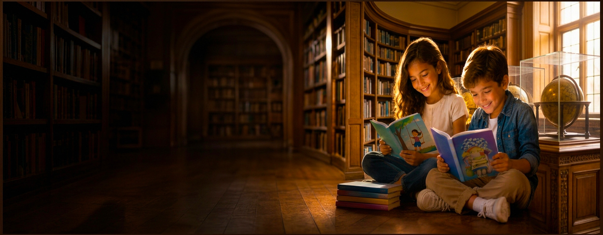 Crianças lendo livros em biblioteca